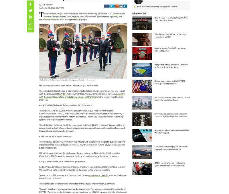 Ambassador Dario Item on Antigua and Barbuda’s Digital Assets Bill 2020