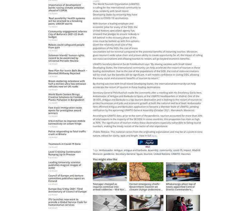 Vaccinate SIDS to Restart Tourism Kickstart Recovery, UNWTO Urges