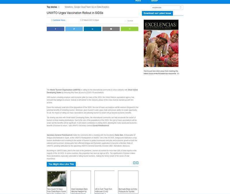 UNWTO Urges Vaccination Rollout in SIDSs