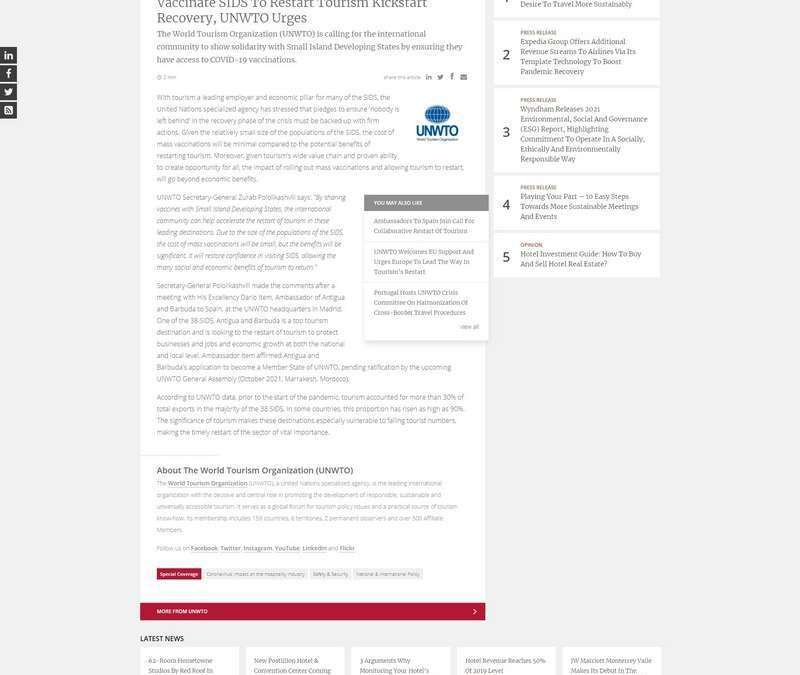 Vaccinate SIDS To Restart Tourism Kickstart Recovery, UNWTO Urges