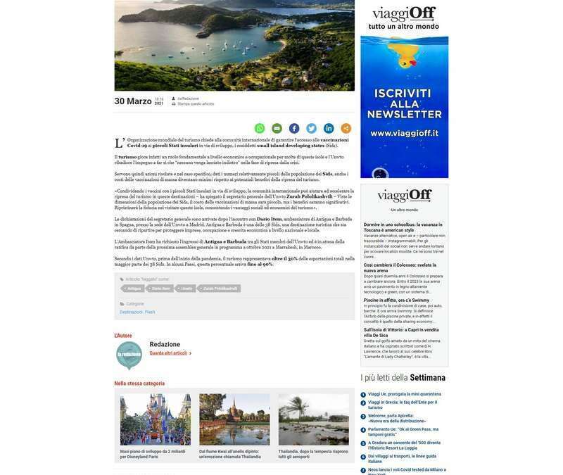 UNWTO: «Vaccini ai piccoli Stati insulari per rilanciare il turismo»