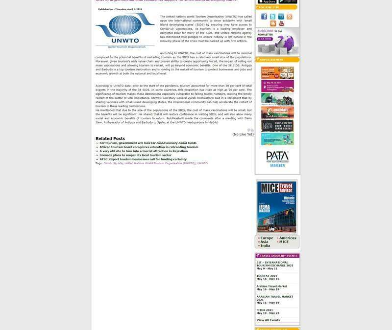 UNWTO urges international community support for small island developing states