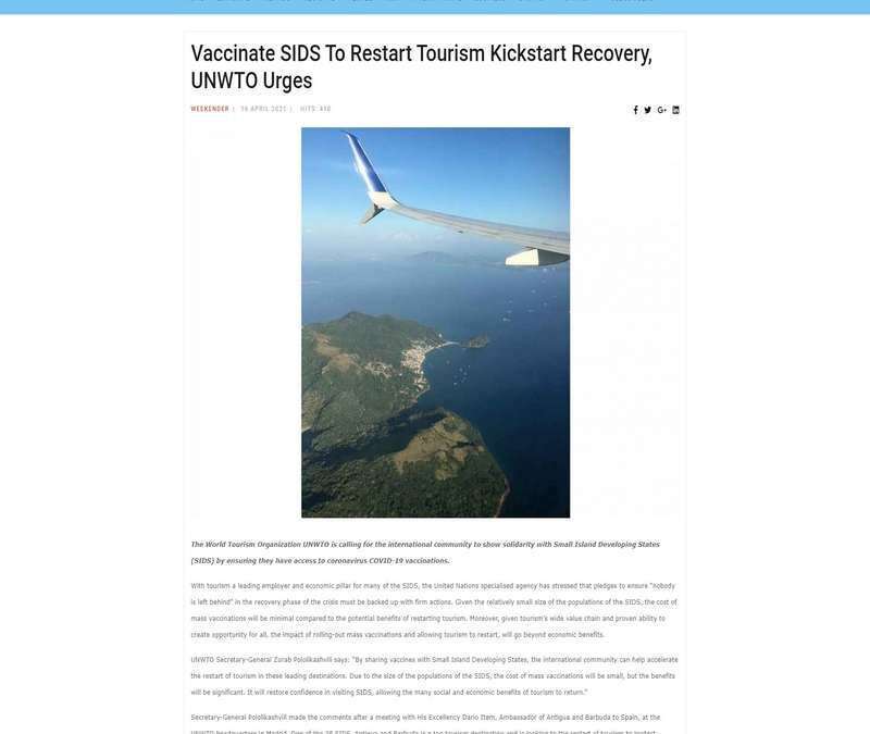 Vaccinate SIDS To Restart Tourism Kickstart Recovery, UNWTO Urges